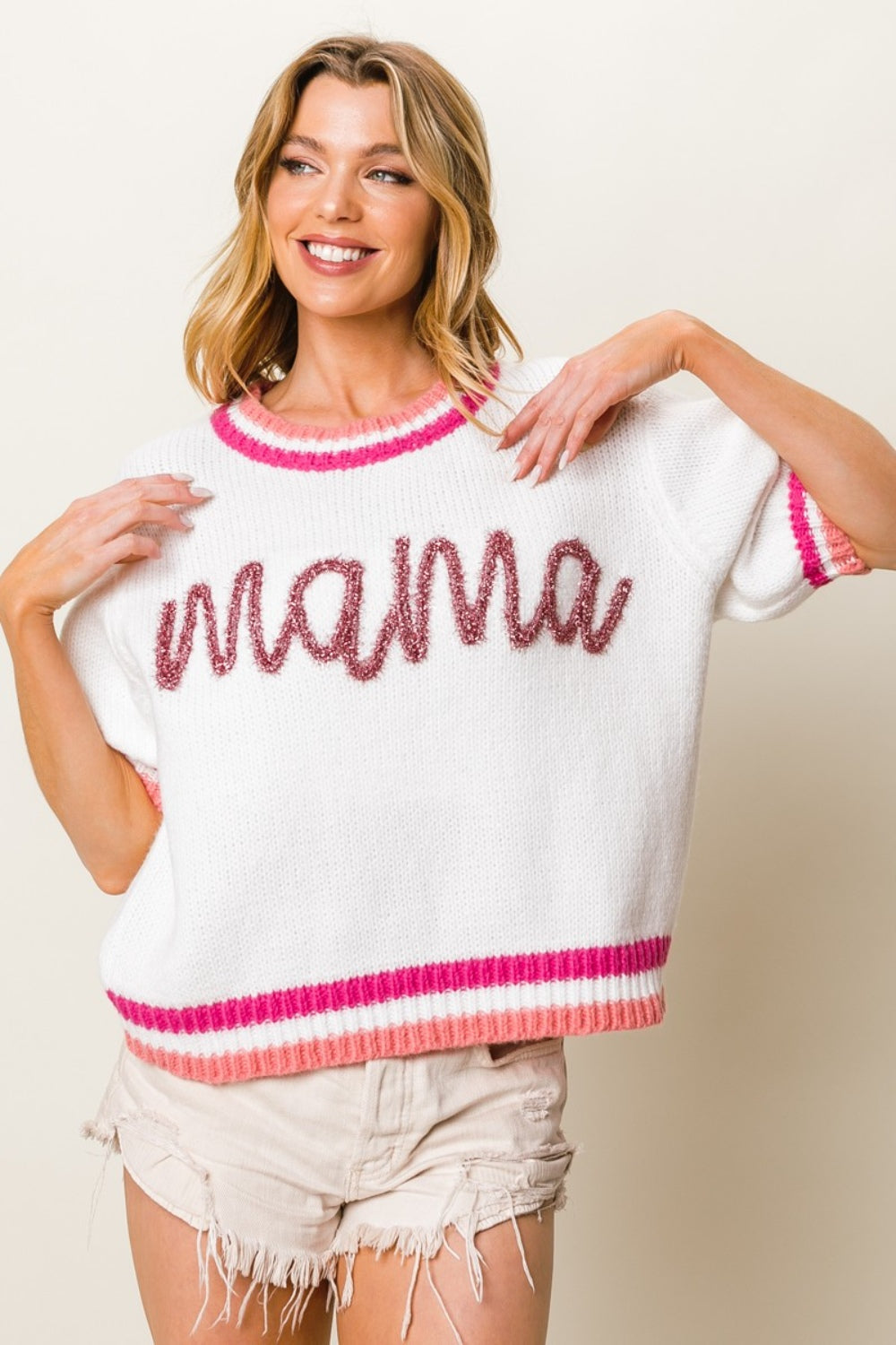 BiBi MAMA Contrast Trim Short Sleeve Sweater BiBi MAMA Contrast Trim Short Sleeve Sweater - TopFashionHQ