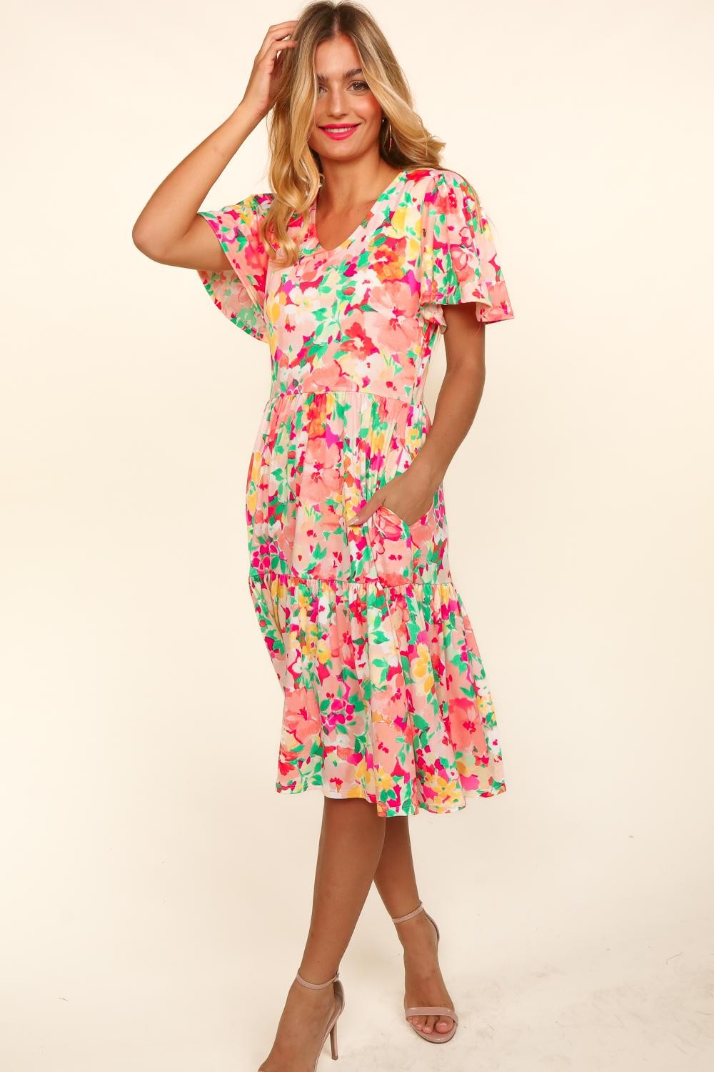 Haptics Tiered Floral Midi Dress with Pockets Haptics Tiered Floral Midi Dress with Pockets - TopFashionHQ