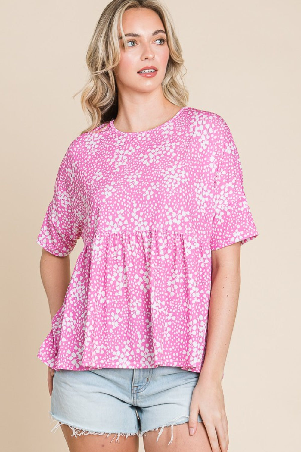 BOMBOM Floral Round Neck Peplum Blouse BOMBOM Floral Round Neck Peplum Blouse - TopFashionHQ