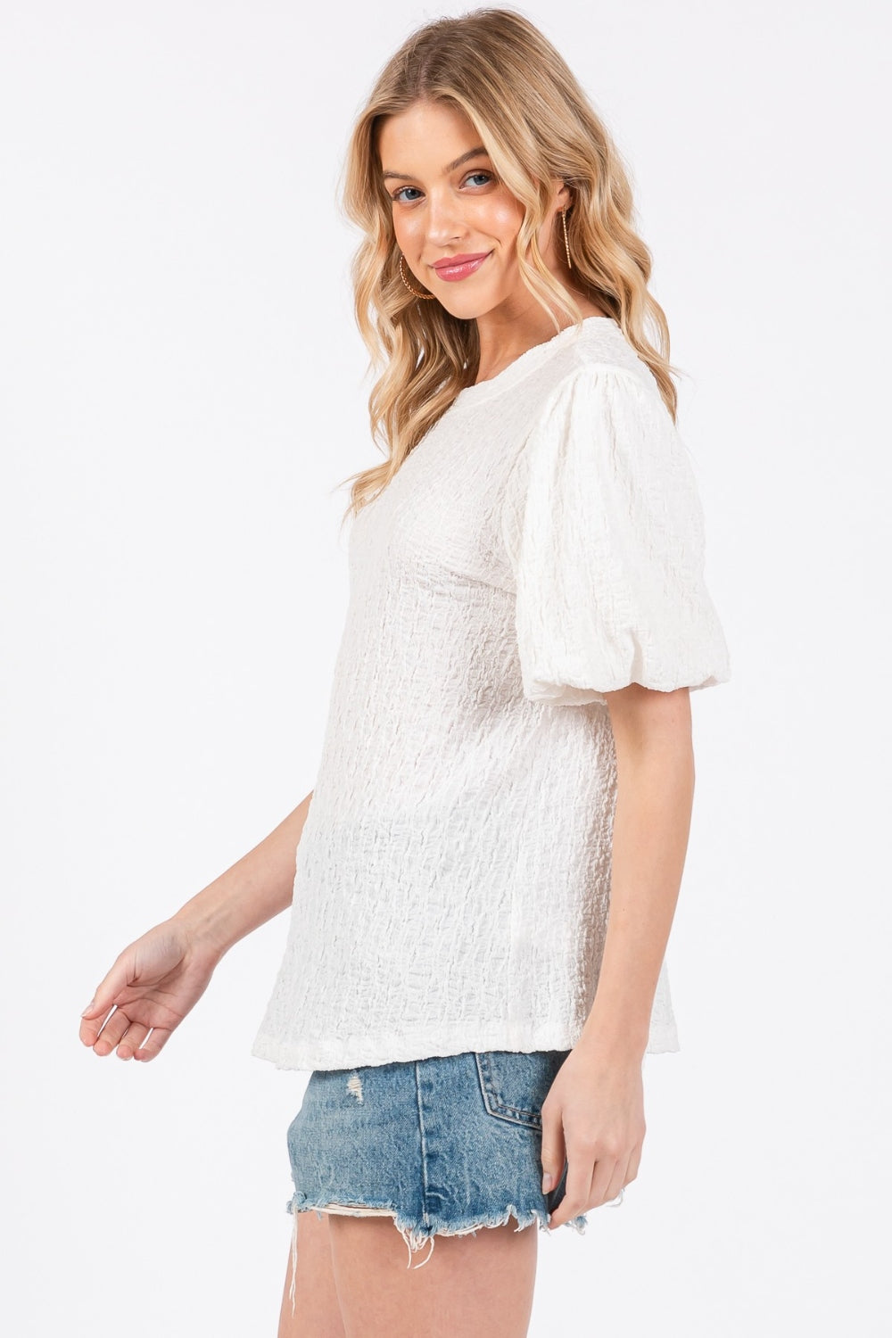 Ces Femme Textured Puff Sleeve Top Ces Femme Textured Puff Sleeve Top - TopFashionHQ