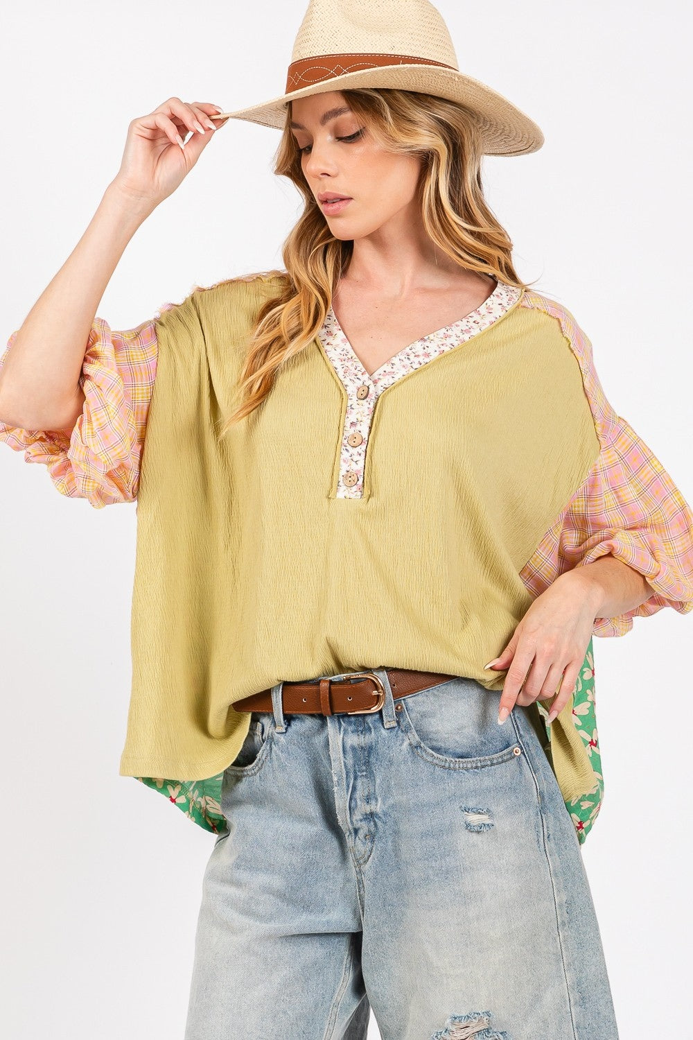 SAGE + FIG Color Block Bubble Sleeve Top SAGE + FIG Color Block Bubble Sleeve Top - TopFashionHQ