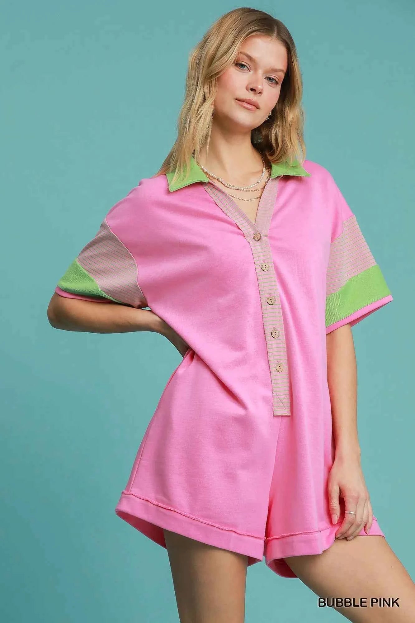 Umgee Contrast Trim Button Front Romper Umgee Contrast Trim Button Front Romper