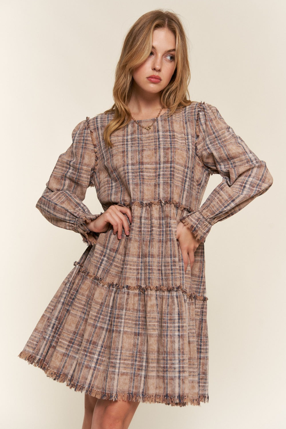 And The Why Full Size Washed Frayed Tiered Plaid Dress And The Why Full Size Washed Frayed Tiered Plaid Dress - TopFashionHQ