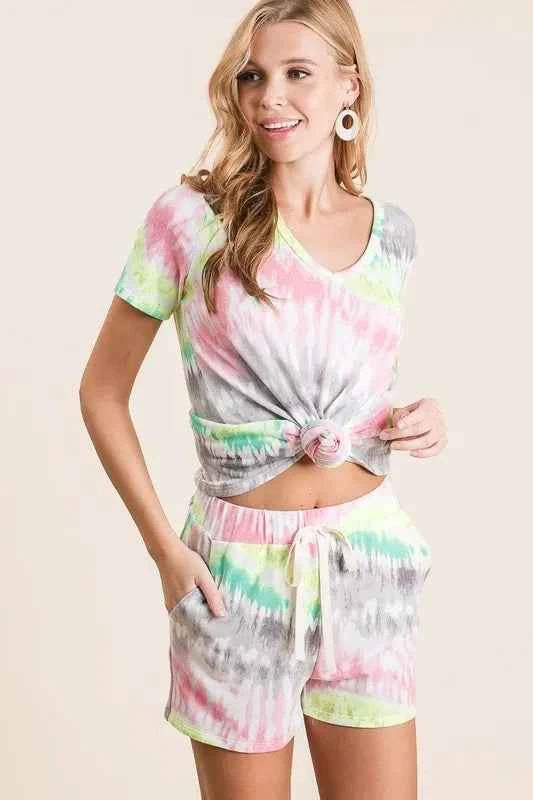 BiBi Tie Dye Print Shorts With Twill Tape Drawstring BiBi Tie Dye Print Shorts With Twill Tape Drawstring