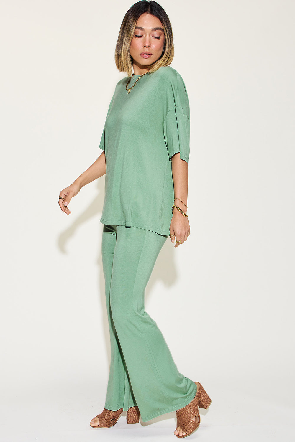 Basic Bae Full Size Bamboo Drop Shoulder T-Shirt and Flare Pants Set Basic Bae Full Size Bamboo Drop Shoulder T-Shirt and Flare Pants Set