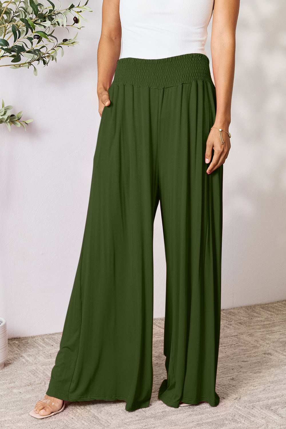 Double Take Full Size Smocked Wide Waistband Wide Leg Pants Double Take Full Size Smocked Wide Waistband Wide Leg Pants - TopFashionHQ