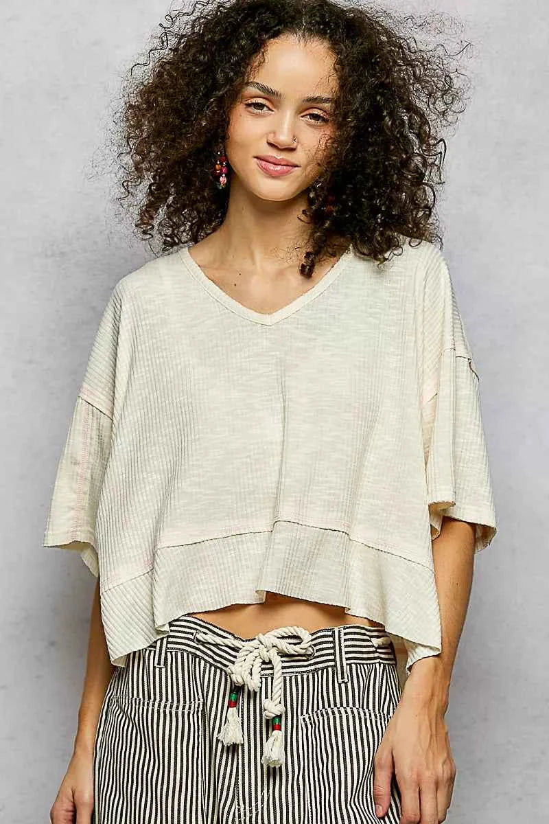 POL Short Sleeve Ccopped Rib T-Shirt with Contrast Stitch Detail POL Short Sleeve Ccopped Rib T-Shirt with Contrast Stitch Detail