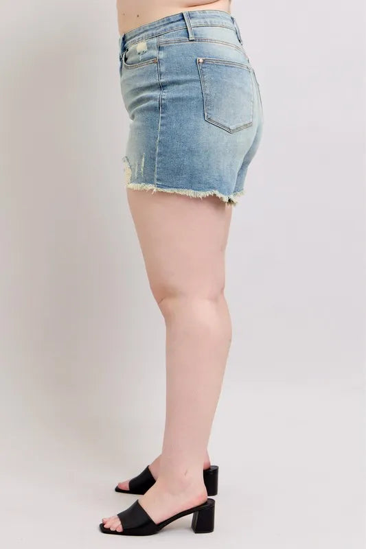Judy Blue Plus Size High Rise Washed Fly Stitch Detail and Destroy Denim Shorts 48d55d706da7405b90863c50b82b8d39-Max-Origin