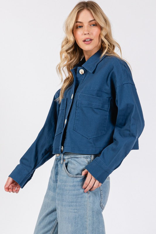 bytos Button Down Cropped Denim Jacket with Patch Pockets bytos Button Down Cropped Denim Jacket with Patch Pockets