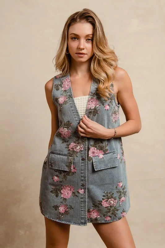 BiBi Floral Print Washed Denim Long Rider Vest 48ff9f49-60fc-4aa6-8803-6eef86426f03-Max-Origin