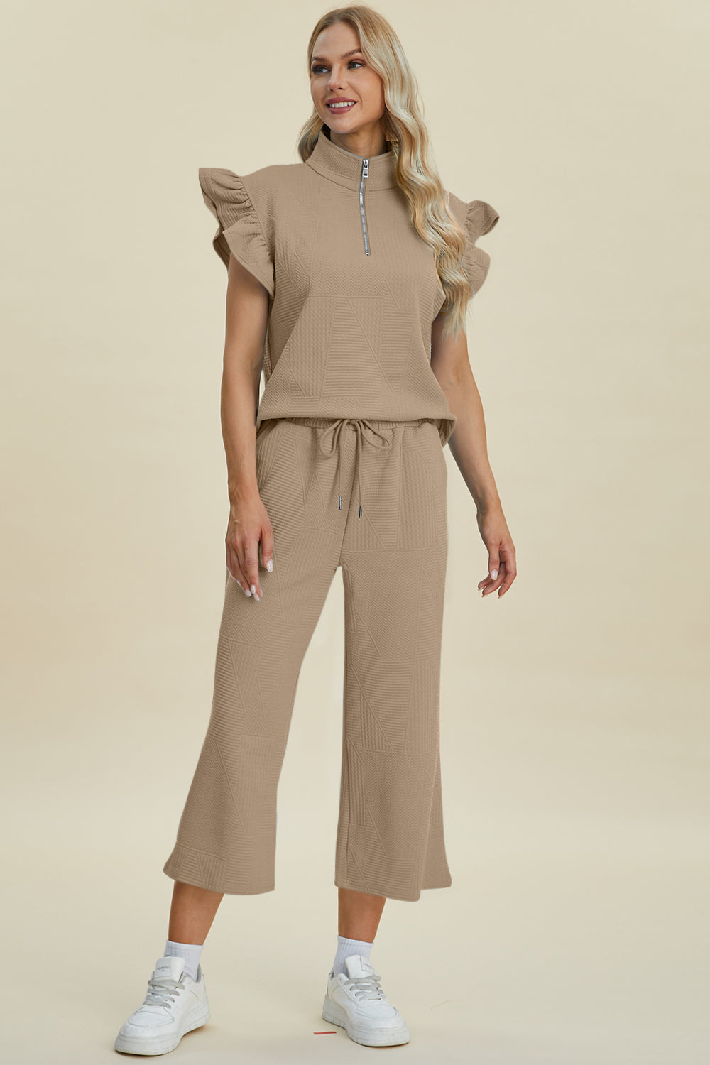 Double Take Full Size Texture Ruffle Short Sleeve Top and Wide Leg Pants Set Double Take Full Size Texture Ruffle Short Sleeve Top and Wide Leg Pants Set