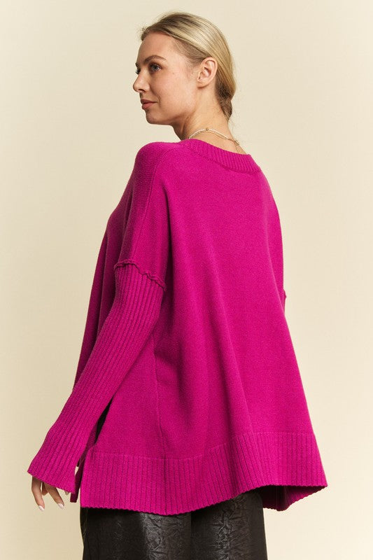 Davi & Dani Ribbed Side Slit V-Neck Sweater Davi & Dani Ribbed Side Slit V-Neck Sweater