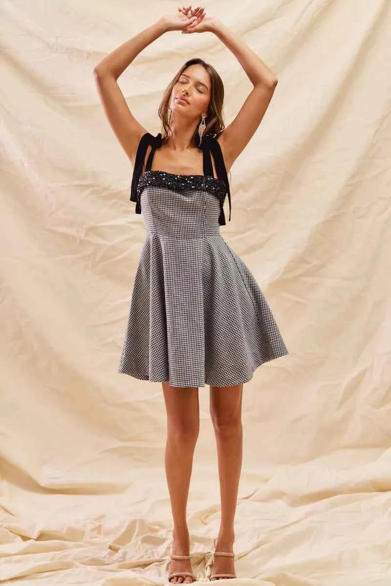 SO ME Houndstooth Fit Flare Mini Dress with Shoulder Tie SO ME Houndstooth Fit Flare Mini Dress with Shoulder Tie
