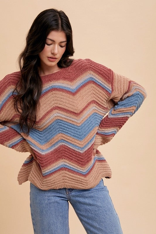 Annie Wear Multi Color Zig-Zag Round Neck Sweater Annie Wear Multi Color Zig-Zag Round Neck Sweater