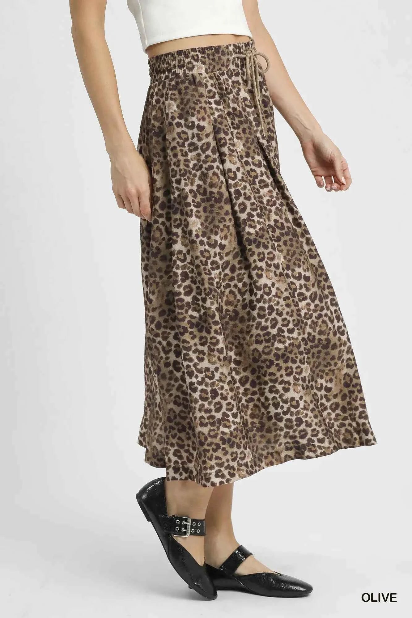 Umgee Drawstring Leopard Midi Skirt Umgee Drawstring Leopard Midi Skirt