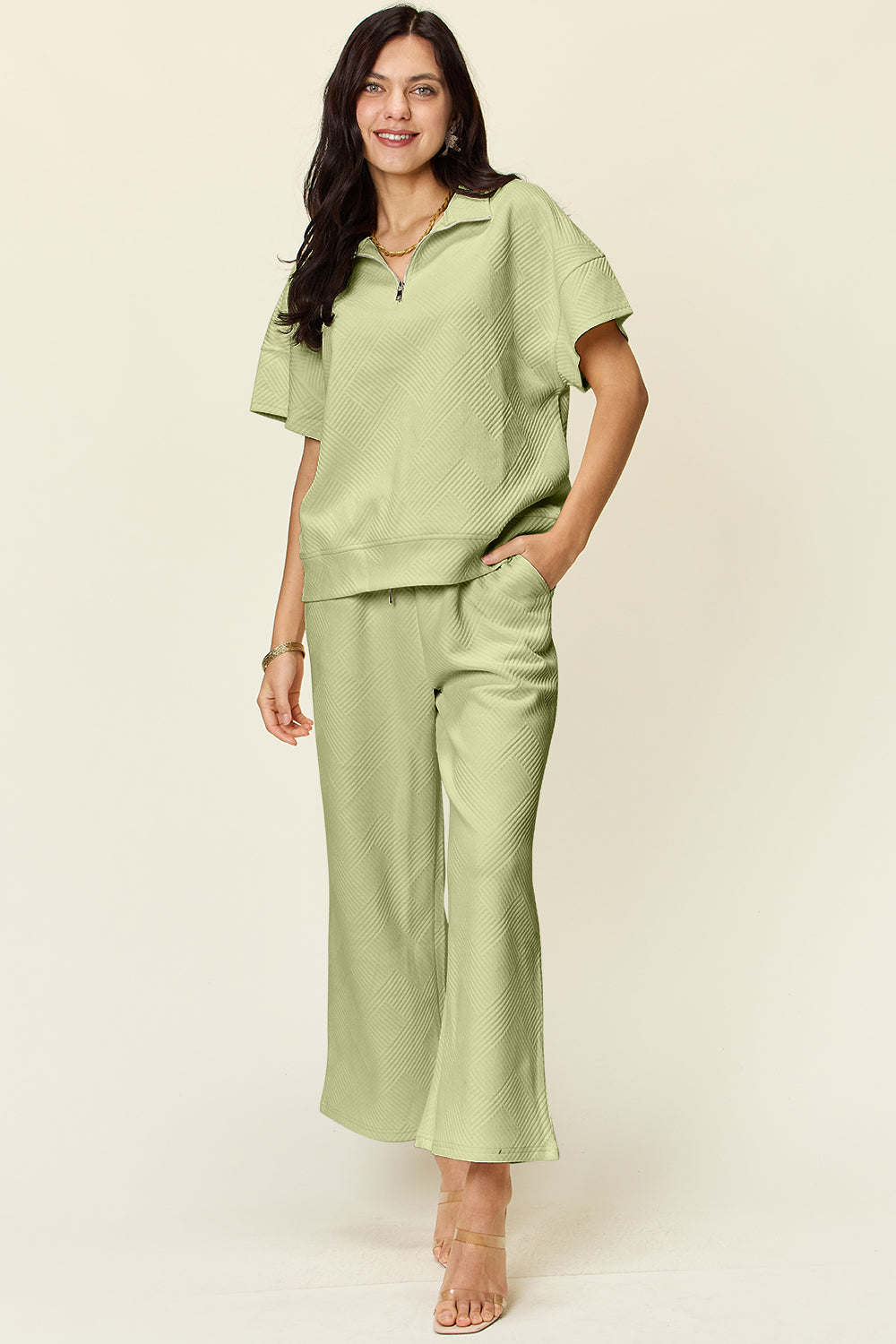 Double Take Full Size Texture Half Zip Short Sleeve Top and Pants Set Double Take Full Size Texture Half Zip Short Sleeve Top and Pants Set