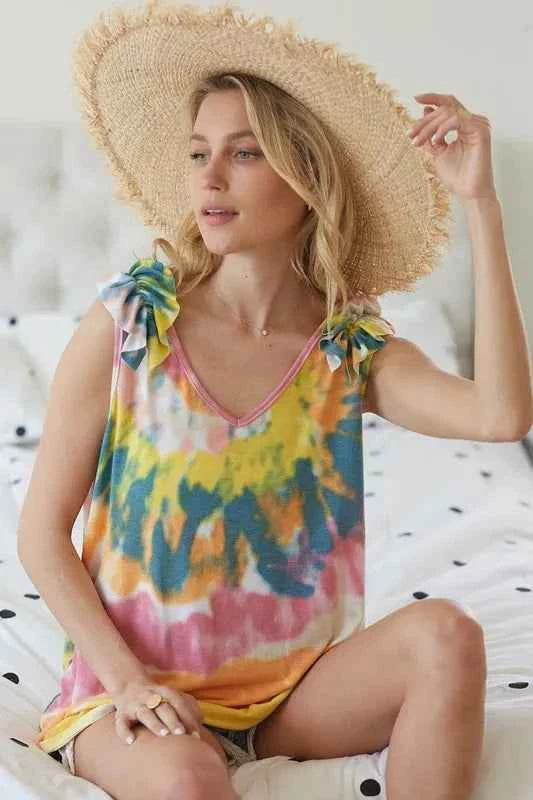 BiBi Circular Tie Dye Knit V Neck Top With Ruffle BiBi Circular Tie Dye Knit V Neck Top With Ruffle