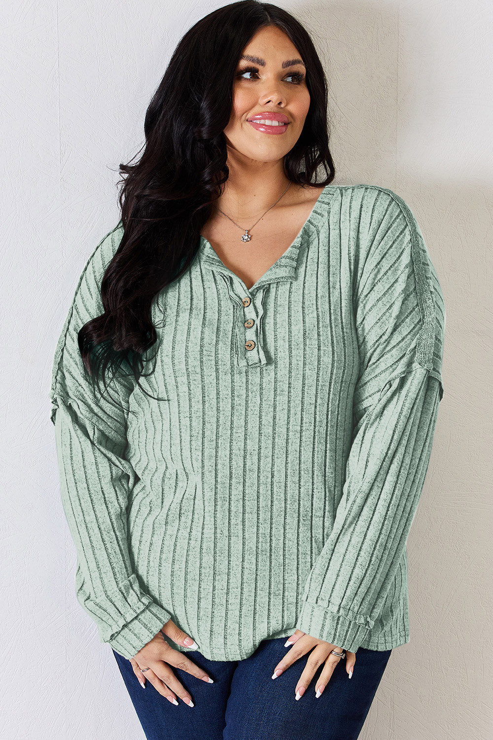 Basic Bae Full Size Ribbed Half Button Long Sleeve T-Shirt Basic Bae Full Size Ribbed Half Button Long Sleeve T-Shirt - TopFashionHQ