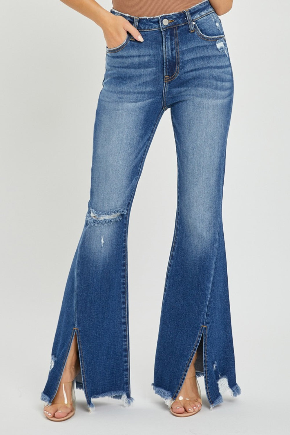 RISEN Full Size High Rise Front Slit Frayed Hem Flare Jeans RISEN Full Size High Rise Front Slit Frayed Hem Flare Jeans - TopFashionHQ
