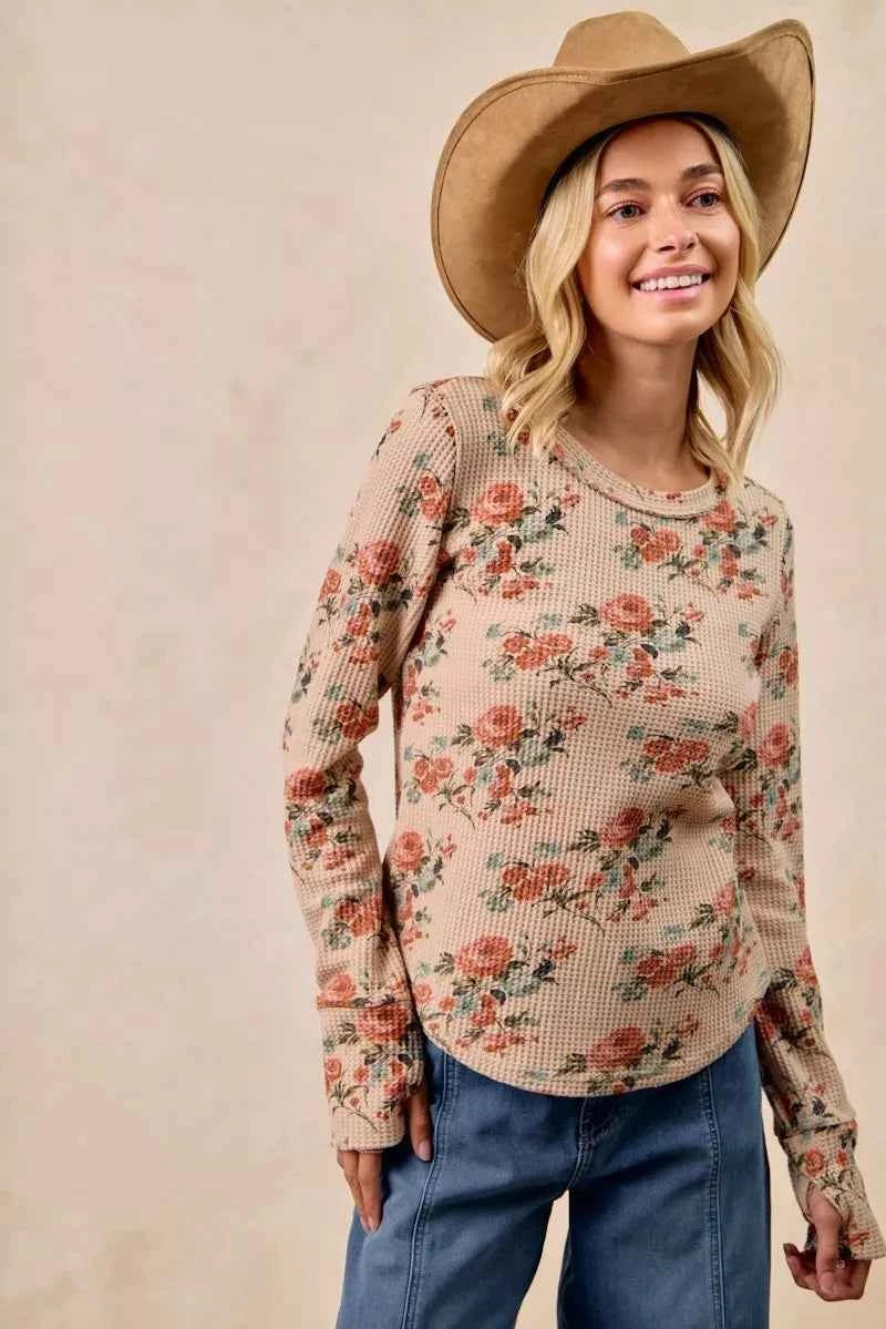 BiBi Floral Print Washed Waffle Thermal Top with Thumb BiBi Floral Print Washed Waffle Thermal Top with Thumb