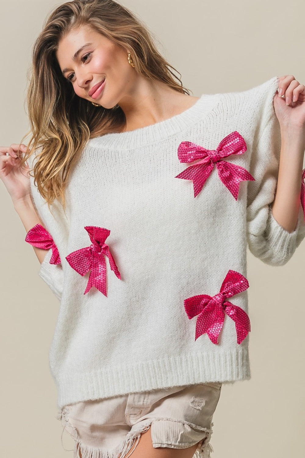 BiBi Sequin Bow Puff Sleeve Sweater BiBi Sequin Bow Puff Sleeve Sweater - TopFashionHQ