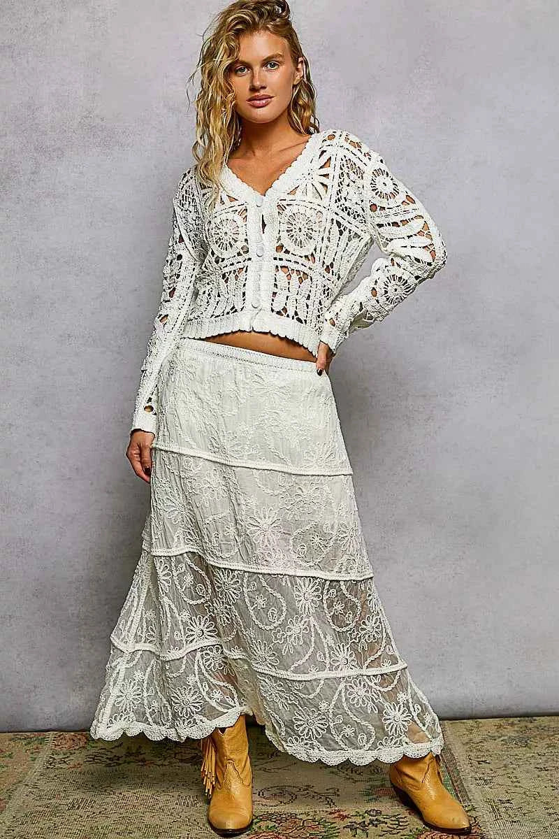 POL Button Down V-Neck Long Sleeve Cropped Crochet Cardigan POL Button Down V-Neck Long Sleeve Cropped Crochet Cardigan