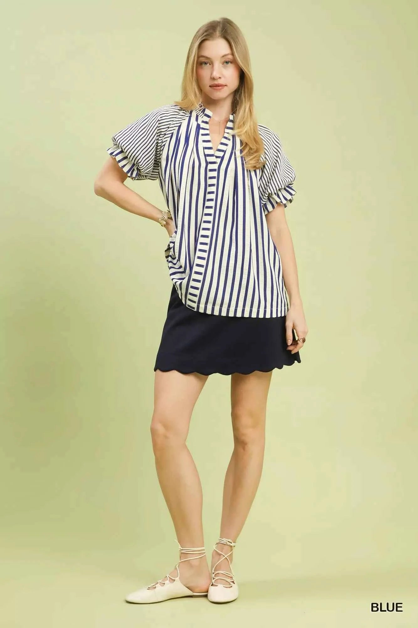Umgee Striped Notched Top with Short Flutter Sleeves Umgee Striped Notched Top with Short Flutter Sleeves