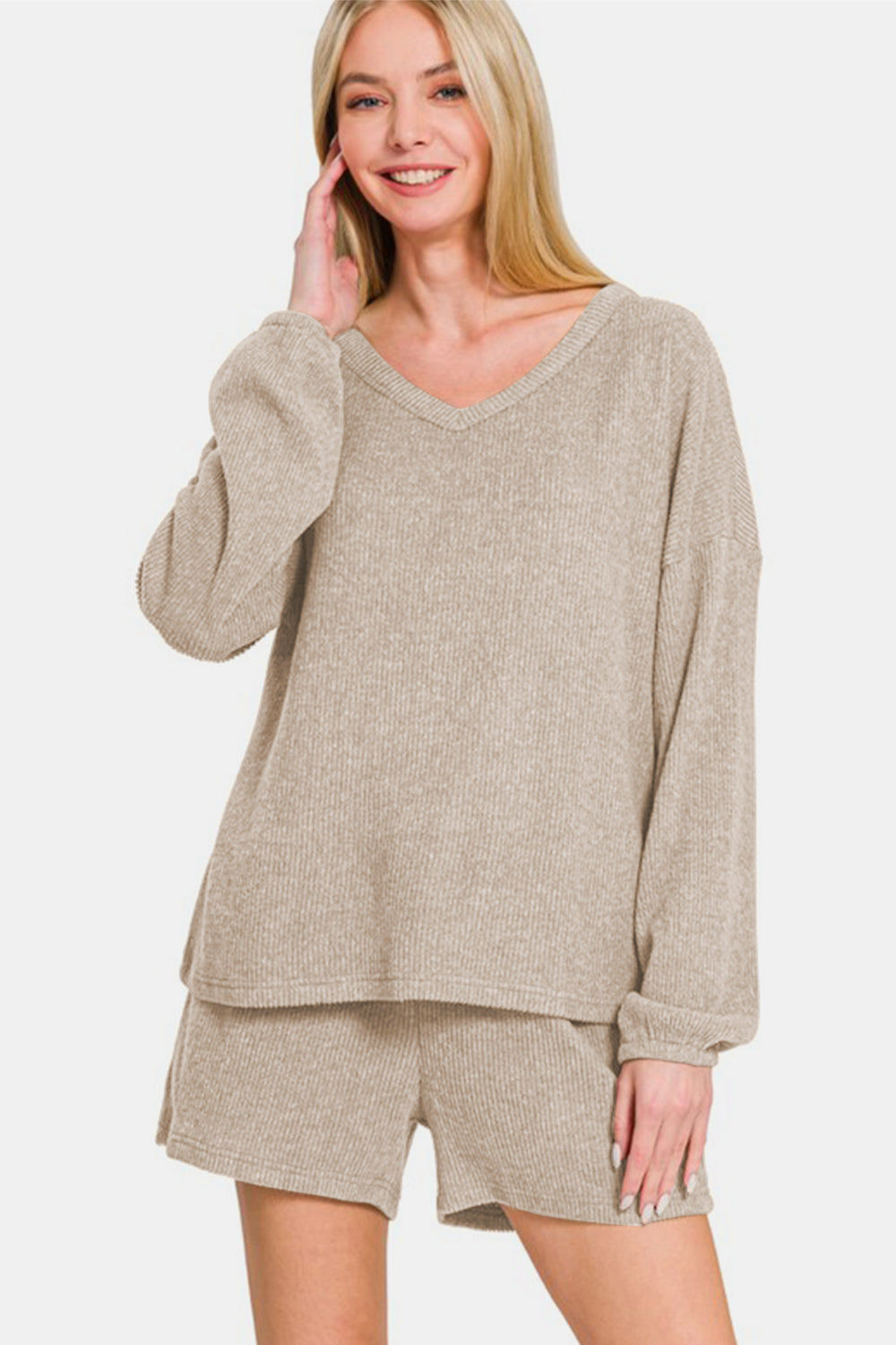 Zenana V-Neck Long Sleeve Ribbed Top and Shorts Set Zenana V-Neck Long Sleeve Ribbed Top and Shorts Set - TopFashionHQ