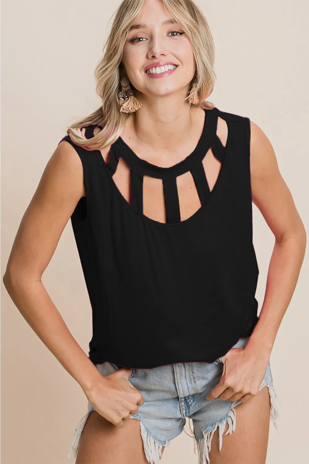 BiBi Cutout Round Neck Sleeveless Top 4ae110c1-a2cc-49d8-82e6-bb9eba50fecd-Max