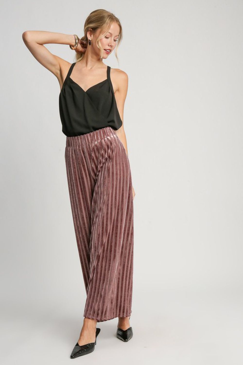 Umgee Full Size Elastic Waist Striped Wide Leg Velvet Pants Umgee Full Size Elastic Waist Striped Wide Leg Velvet Pants - TopFashionHQ