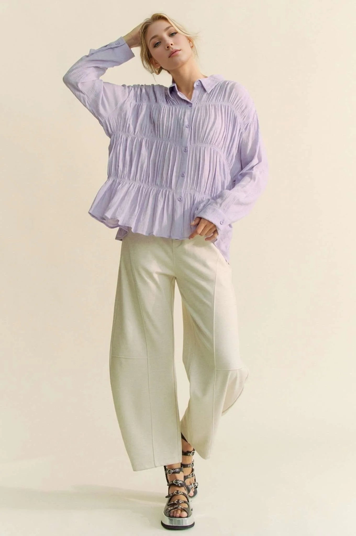 Davi & Dani Ruched All Over Button Front Shirt 4b1b027cc42d463392bf336a966b2001-Max-Origin