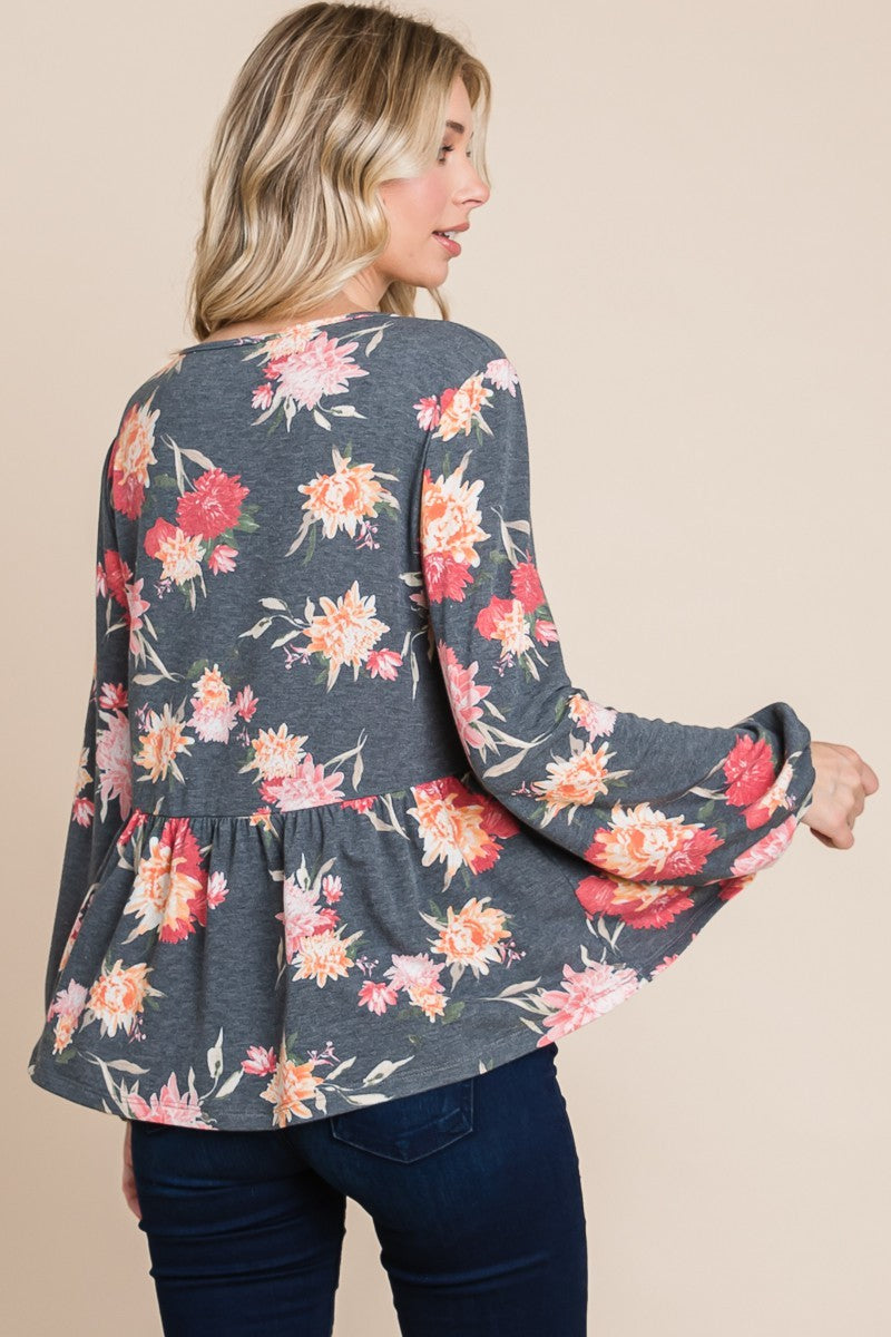 Super Lady Full Size Babydoll Floral Long Sleeve Blouse Super Lady Full Size Babydoll Floral Long Sleeve Blouse