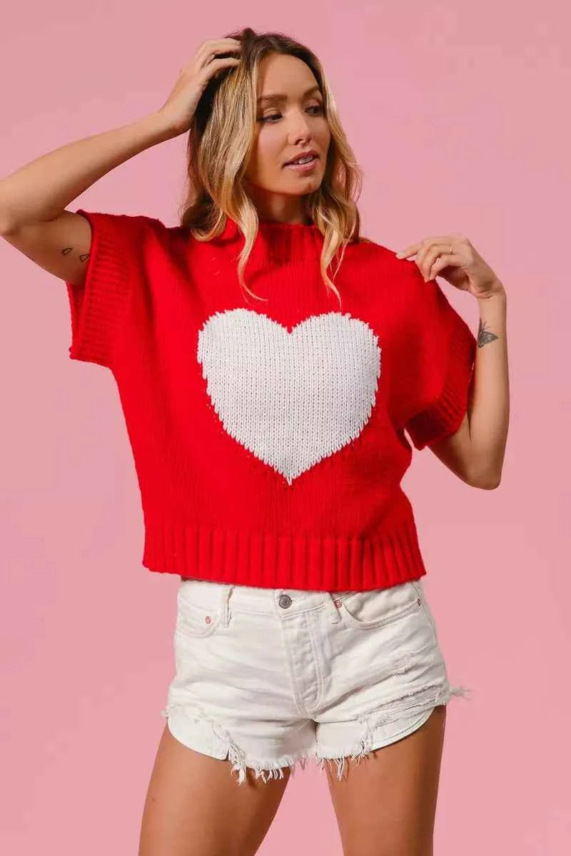 BiBi Rib Banded Heart Pattern Valentines Sweater BiBi Rib Banded Heart Pattern Valentines Sweater