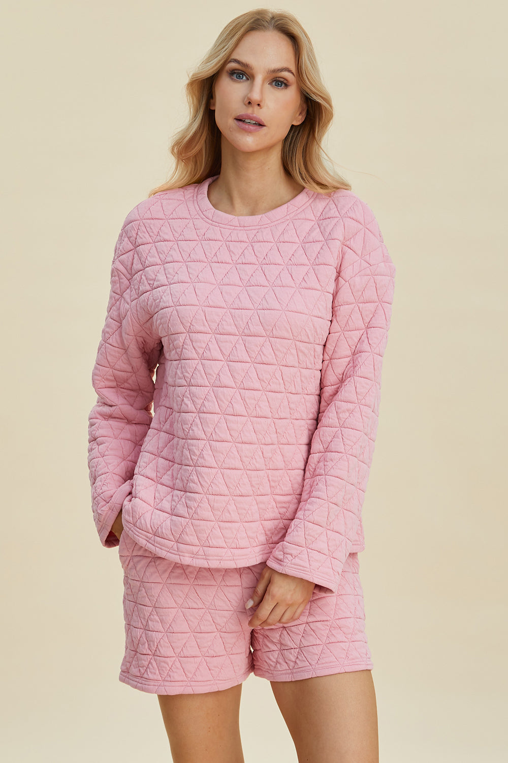 Double Take Full Size Texture Round Neck Long Sleeve Top and Shorts Set Double Take Full Size Texture Round Neck Long Sleeve Top and Shorts Set