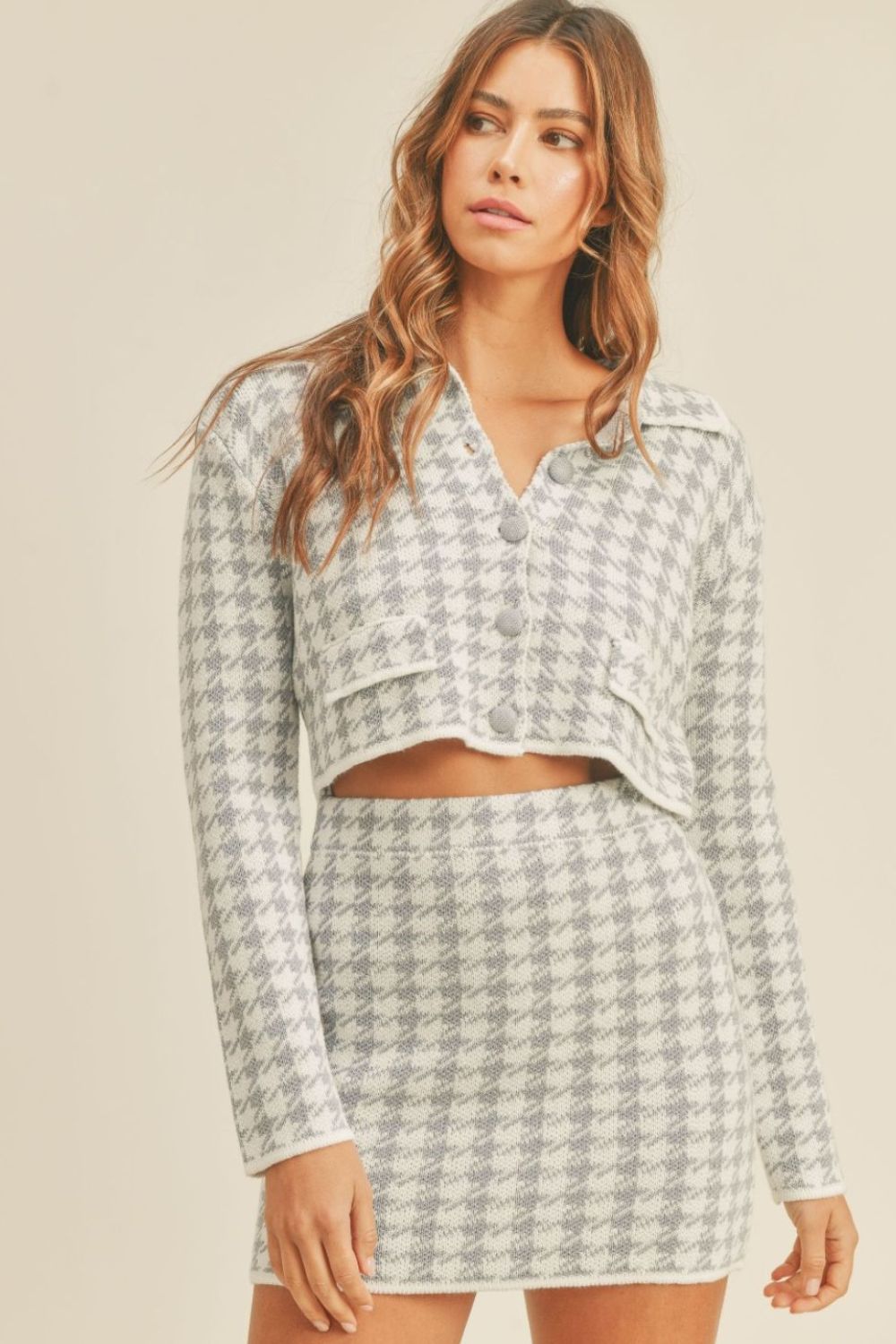 MABLE Houndstooth Cropped Knit Cardigan and Mini Skirt Set MABLE Houndstooth Cropped Knit Cardigan and Mini Skirt Set - TopFashionHQ