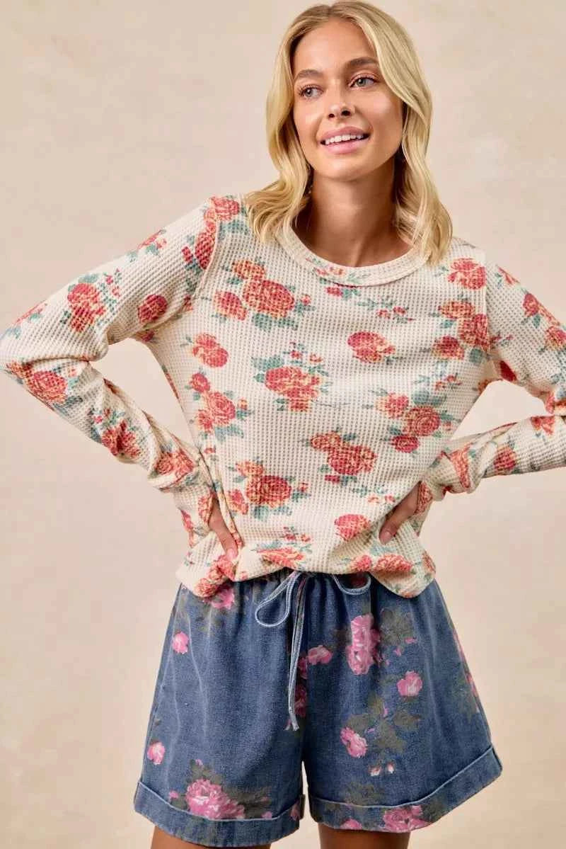 BiBi Floral Print Washed Waffle Thermal Top With Thumb BiBi Floral Print Washed Waffle Thermal Top With Thumb