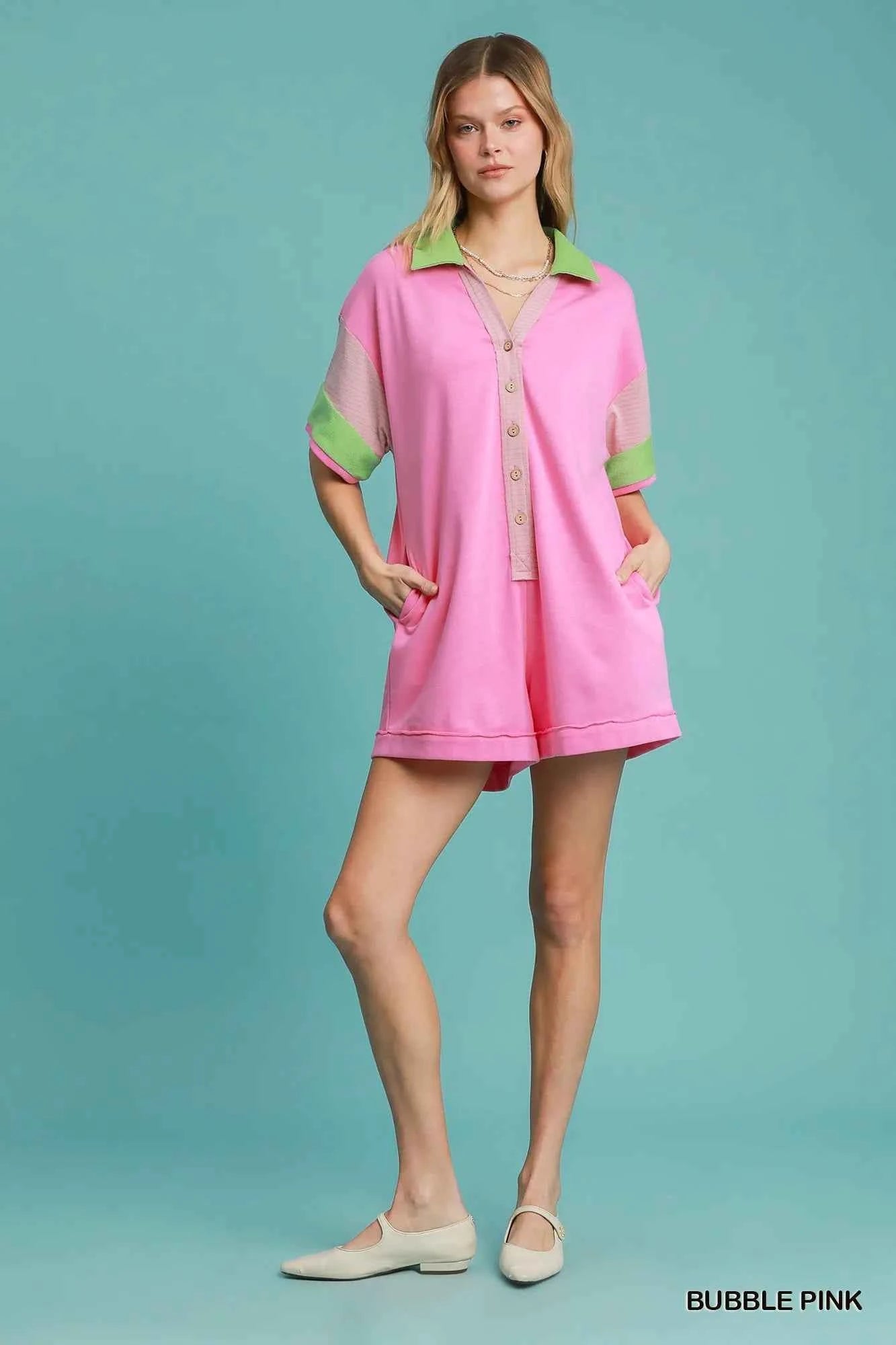 Umgee Contrast Trim Button Front Romper Umgee Contrast Trim Button Front Romper