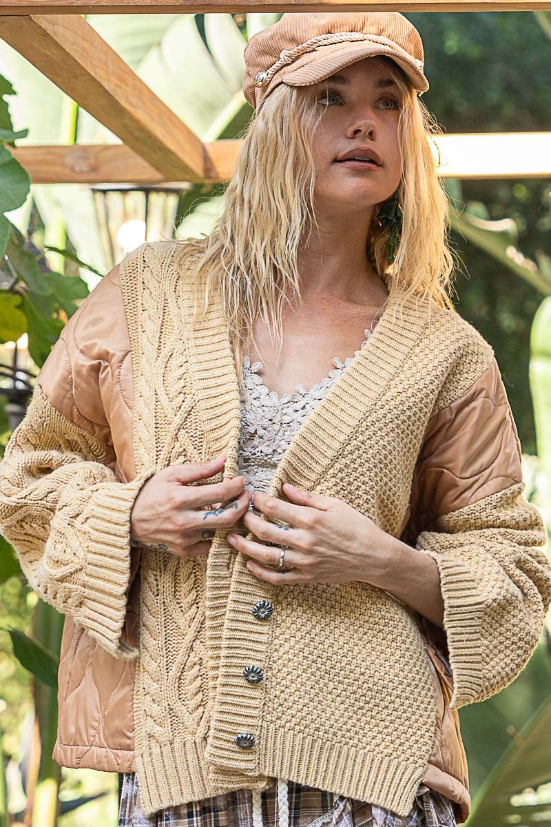 POL Quilting Patch Button Up Cable Knit Jacket POL Quilting Patch Button Up Cable Knit Jacket