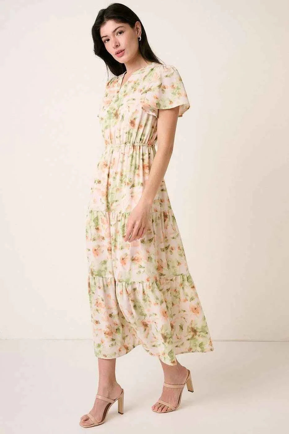 Mittoshop Flower Print Flutter Sleeve V Slit Maxi Dress Mittoshop Flower Print Flutter Sleeve V Slit Maxi Dress