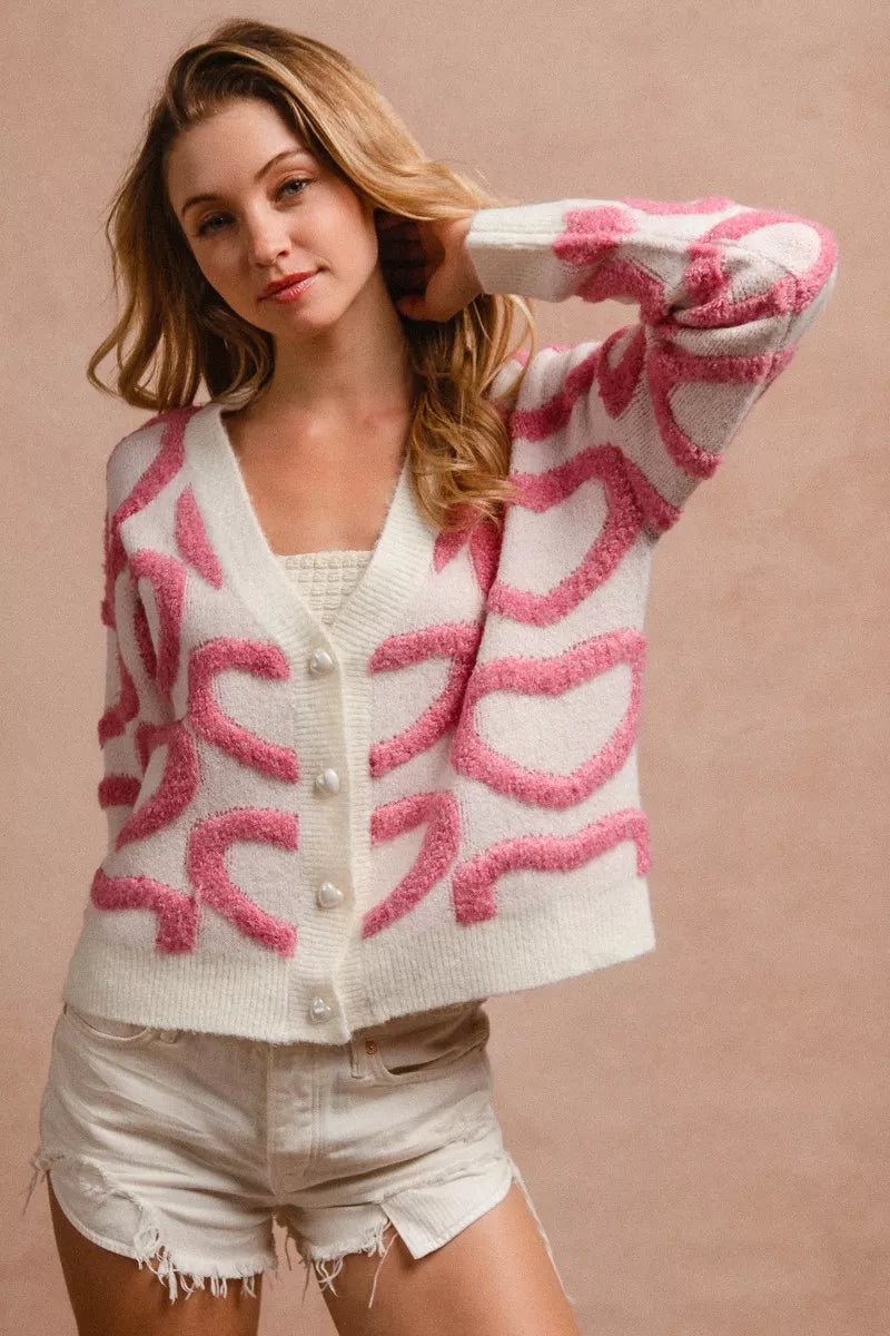 BiBi Textured Heart Buttoned V Neck Cardigan 4c0f66c892bc46a3a88b677a1735b524-Max-Origin