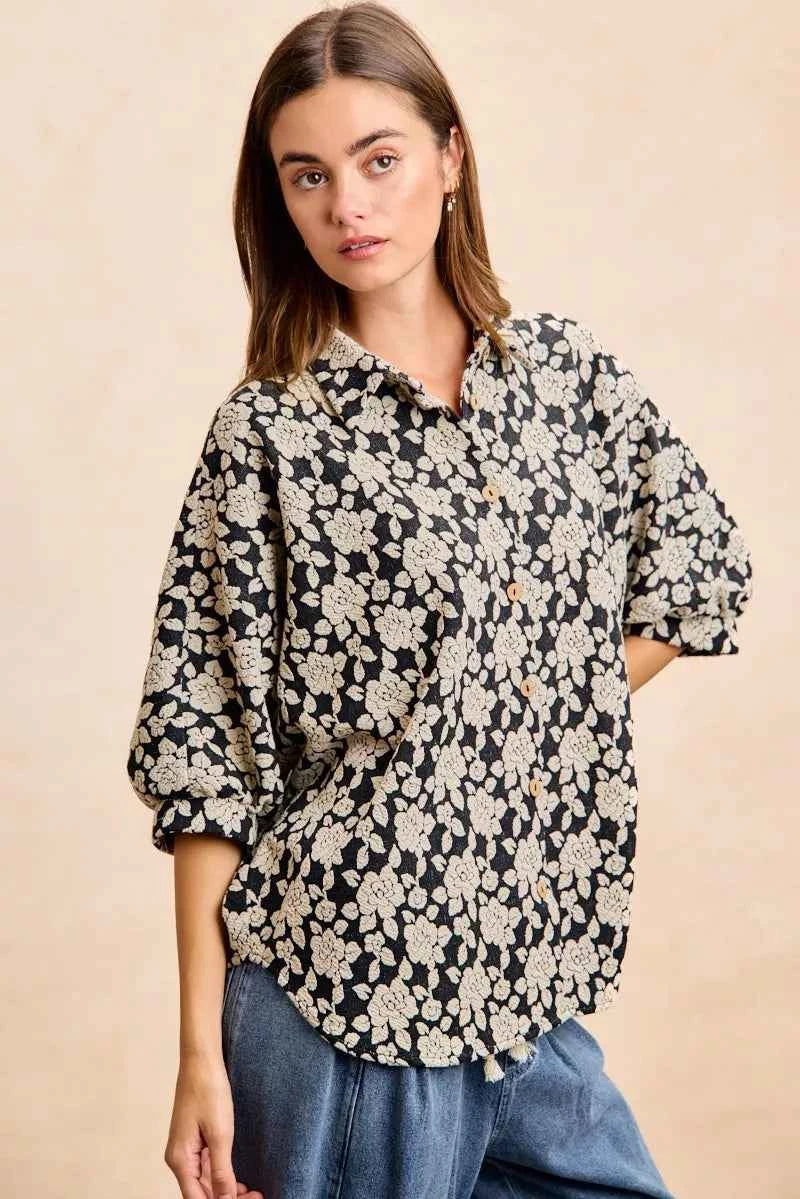 BiBi Floral Jacquard Short Dolman Sleeves Shirt BiBi Floral Jacquard Short Dolman Sleeves Shirt