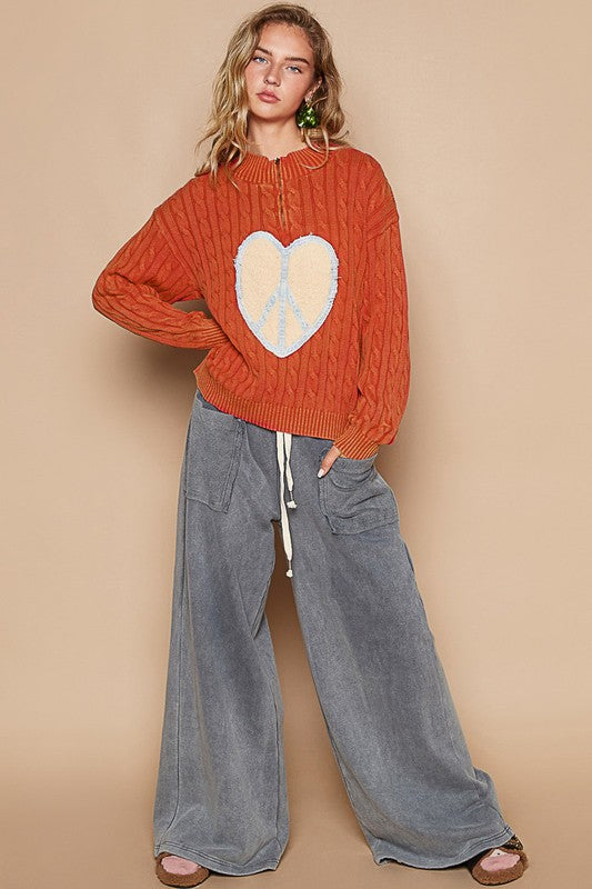 POL Cable-Knit Peace Patch Dropped Shoulder Sweater POL Cable-Knit Peace Patch Dropped Shoulder Sweater - TopFashionHQ