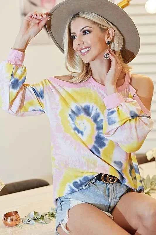 BiBi Tie Dye Print Terry Top with Cold Shoulder Detail BiBi Tie Dye Print Terry Top with Cold Shoulder Detail