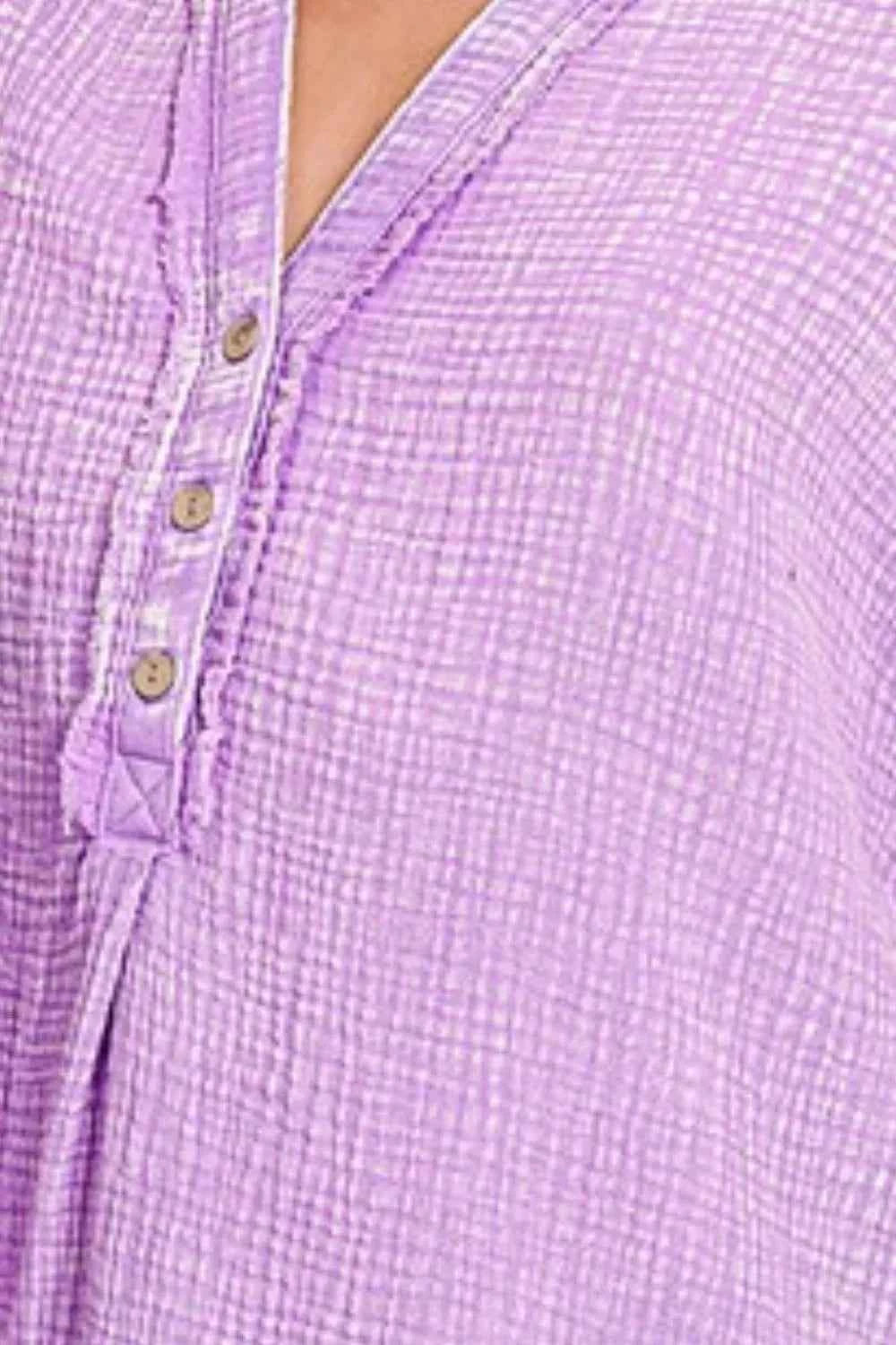 Zenana Washed Double Gauze 3/4 Button Henley Neck Shirt Zenana Washed Double Gauze 3/4 Button Henley Neck Shirt