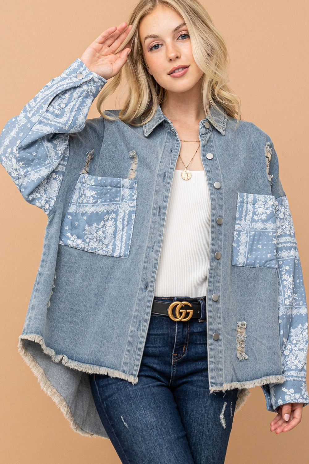 And The Why Full Size Paisley Print Quilted Sleeves Denim Jacket And The Why Full Size Paisley Print Quilted Sleeves Denim Jacket
