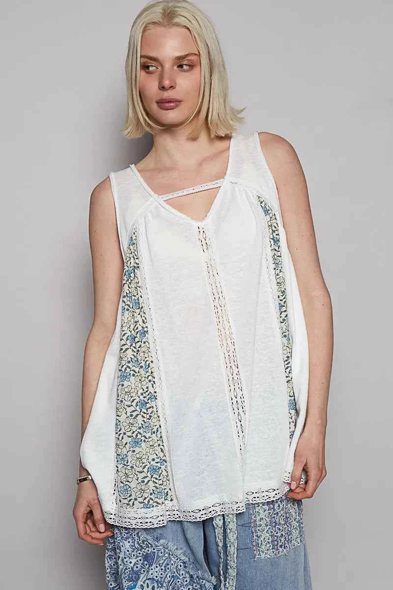 POL V Neck Sleeveless Tank Top with Lace Detail POL V Neck Sleeveless Tank Top with Lace Detail