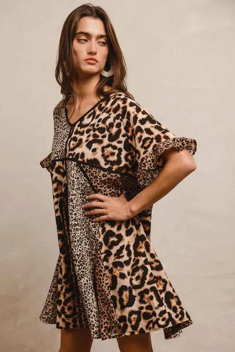 BiBi Leopard Prints Mix and Match Short Sleeves Dress BiBi Leopard Prints Mix and Match Short Sleeves Dress