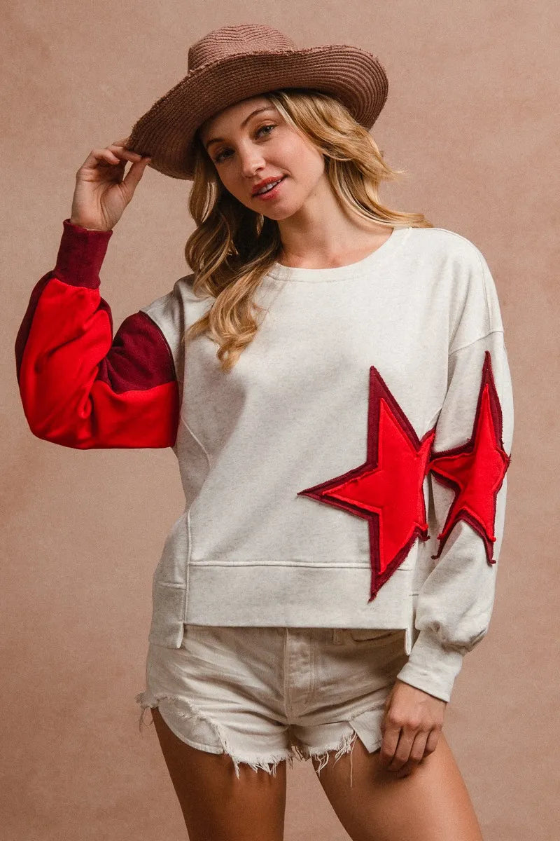 BiBi Star Patch And Spliced Hemline French Terry Long Sleeve Sweatshirt 4c7323b799da414592a41672aaefe955-Max-Origin