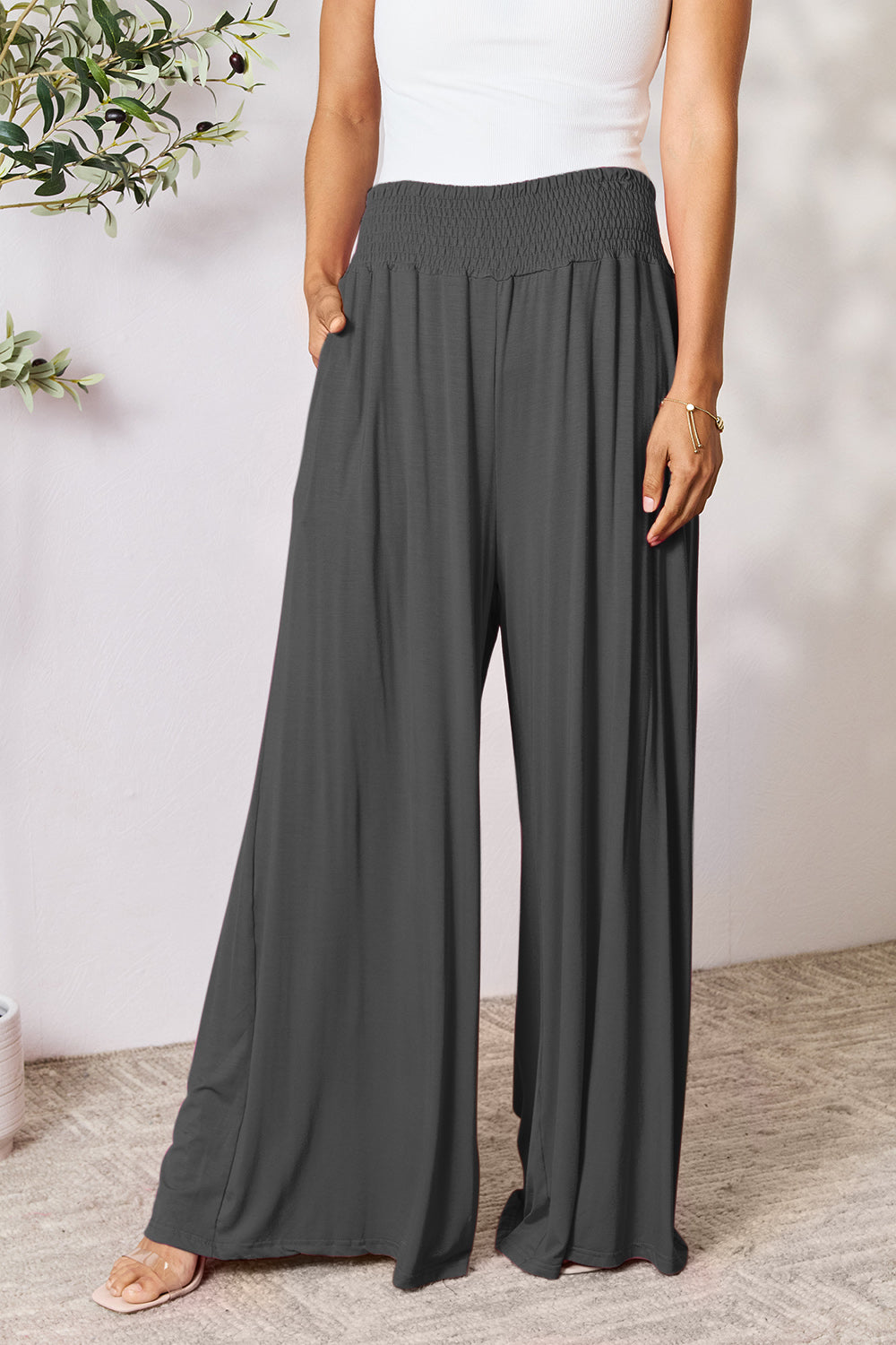 Double Take Full Size Smocked Wide Waistband Wide Leg Pants Double Take Full Size Smocked Wide Waistband Wide Leg Pants - TopFashionHQ