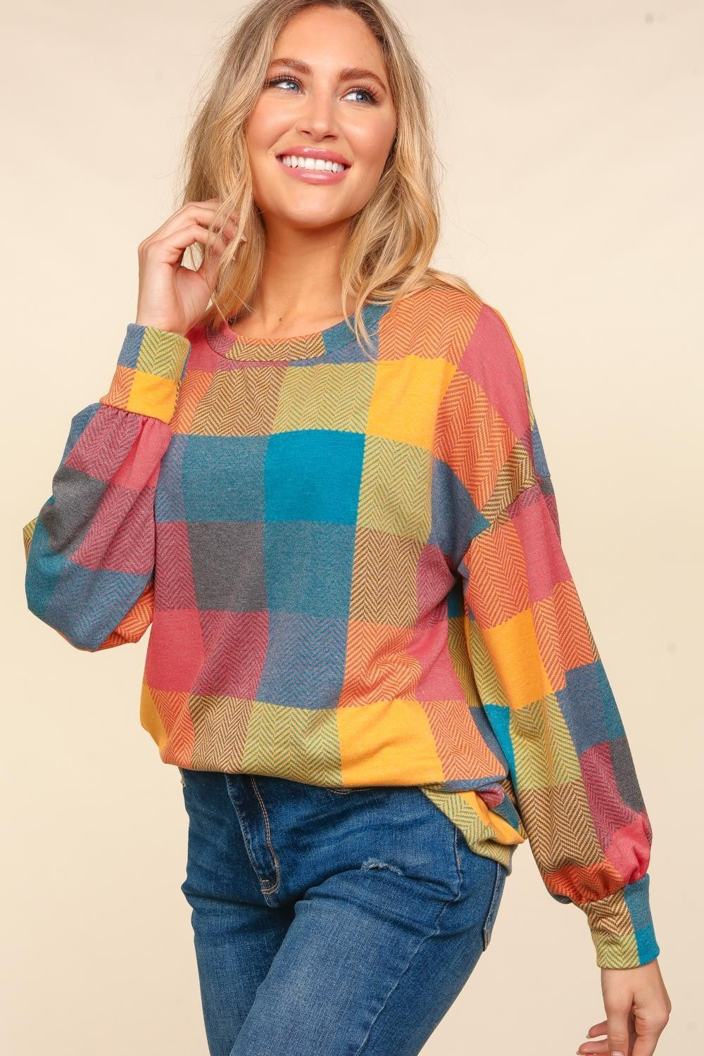 Haptics Round Neck Color Block Plaid Top Haptics Round Neck Color Block Plaid Top - TopFashionHQ
